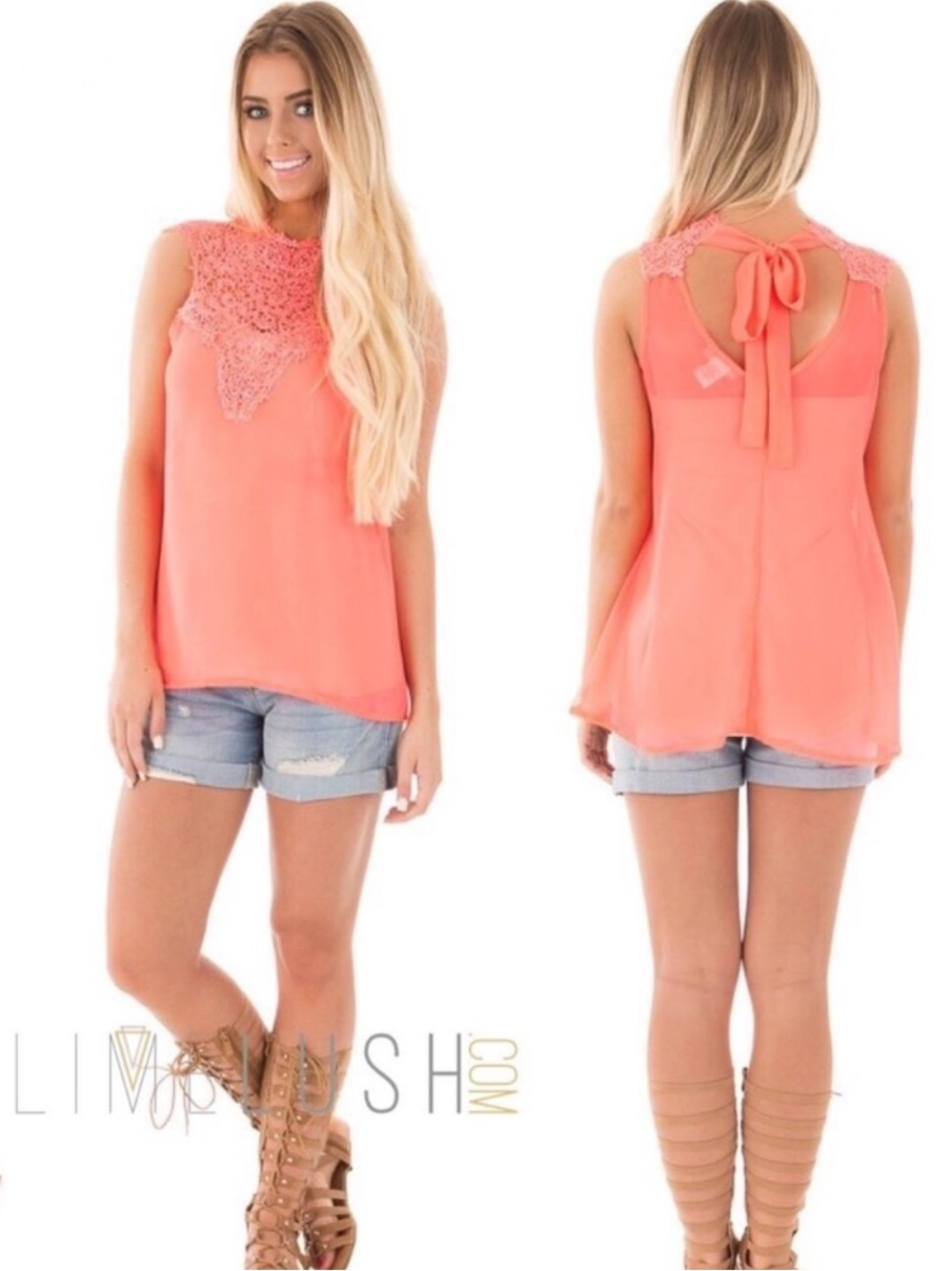 Lydia USA Coral Chiffon Tank W/Crochet Contrast (M/L)